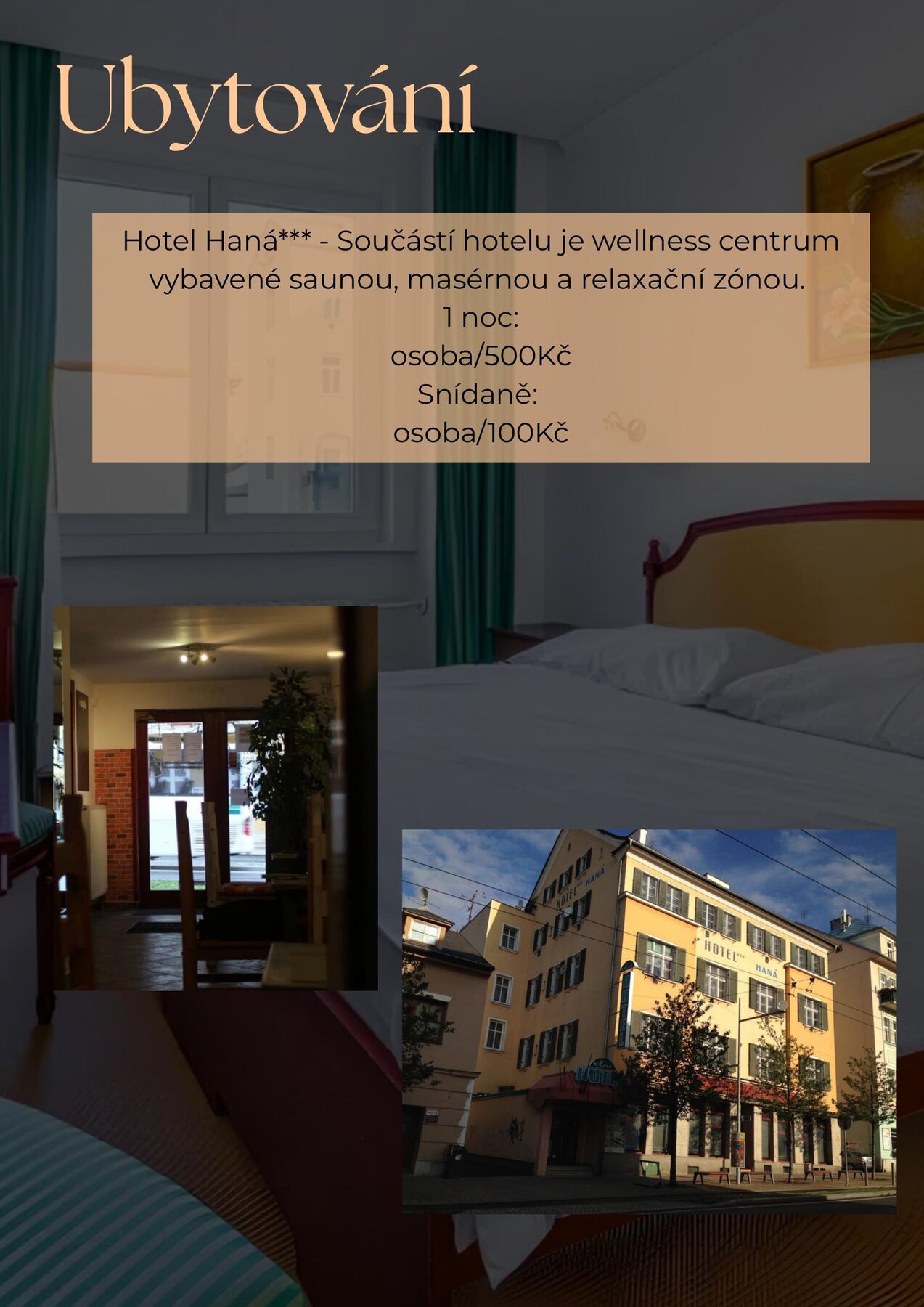 Strana brožury s ubytováním a fotografiemi hotelu Haná
