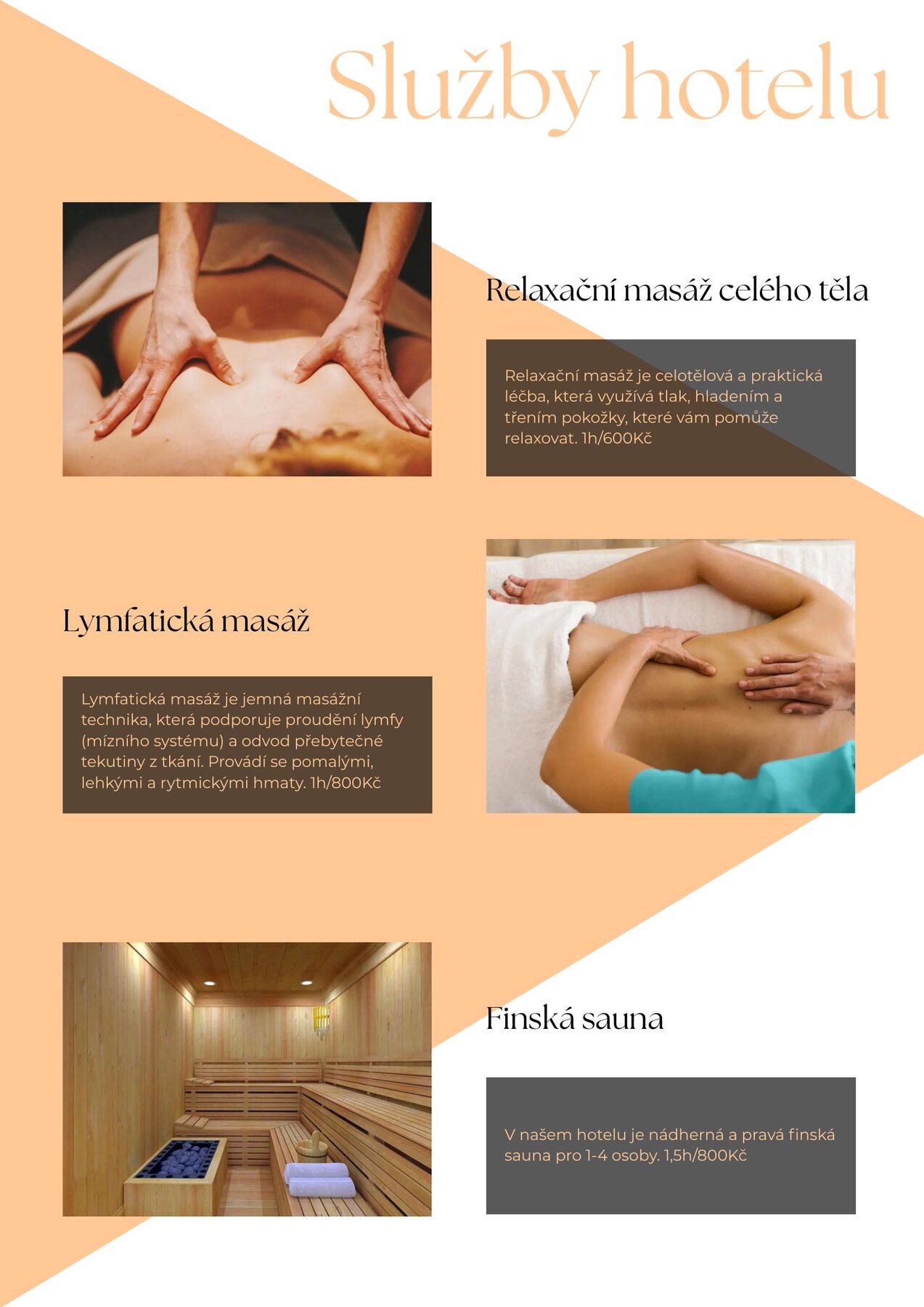 Strana brožury se službami hotelu — masáže, sauna a wellness