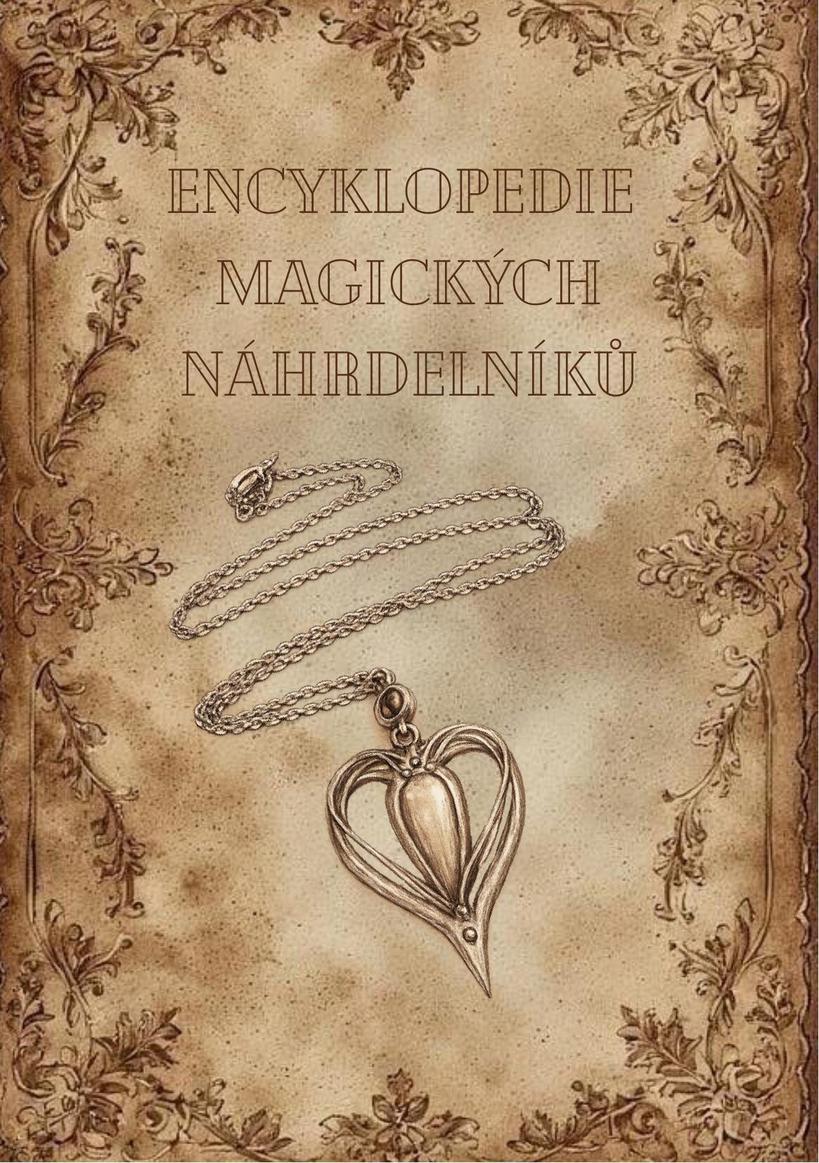 Knižní obálka Encyklopedie magických náhrdelníků ve starožitném stylu s motivem šperku