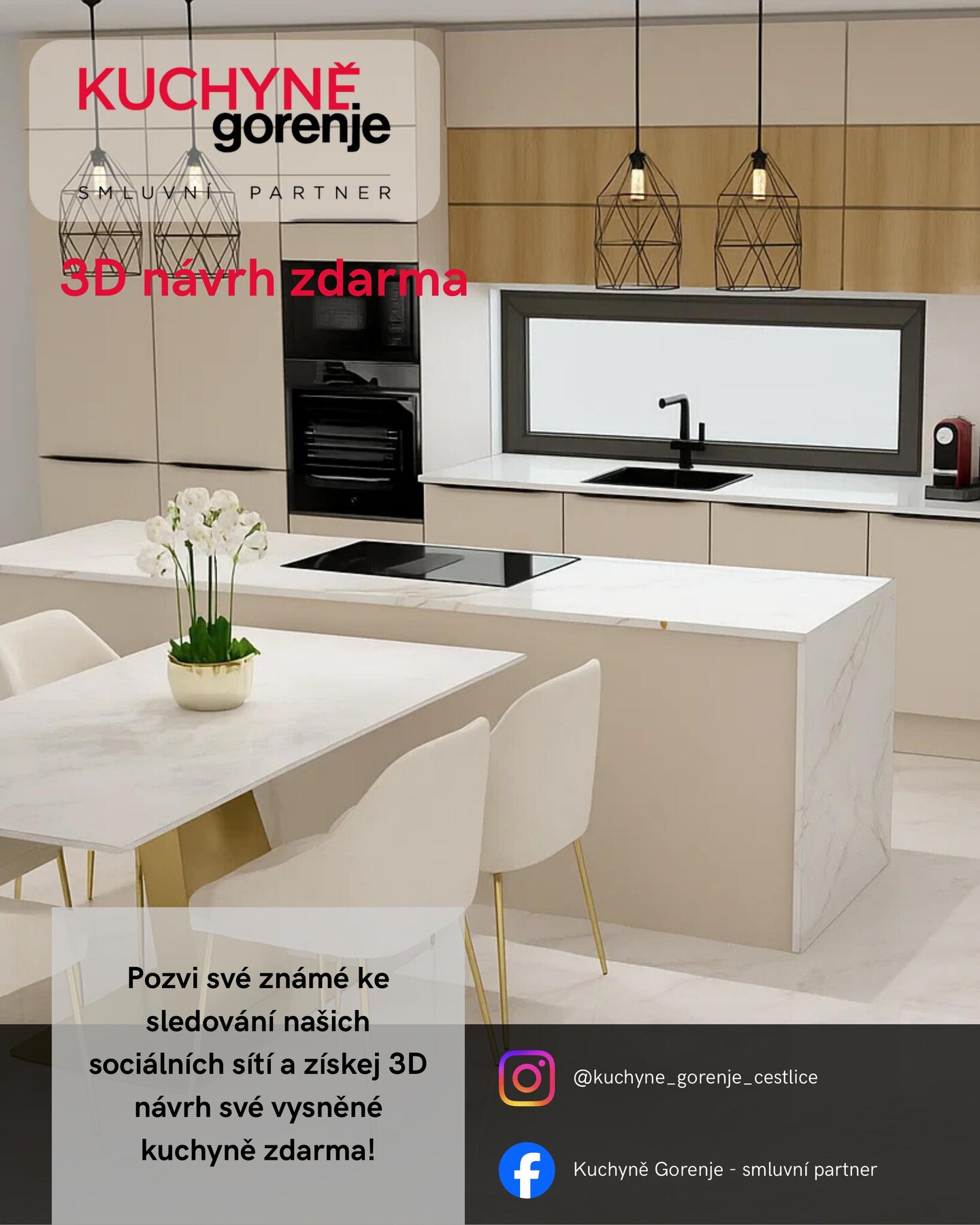 Propagační vizuál Kuchyně Gorenje se světlou kuchyní a nabídkou 3D návrhu zdarma
