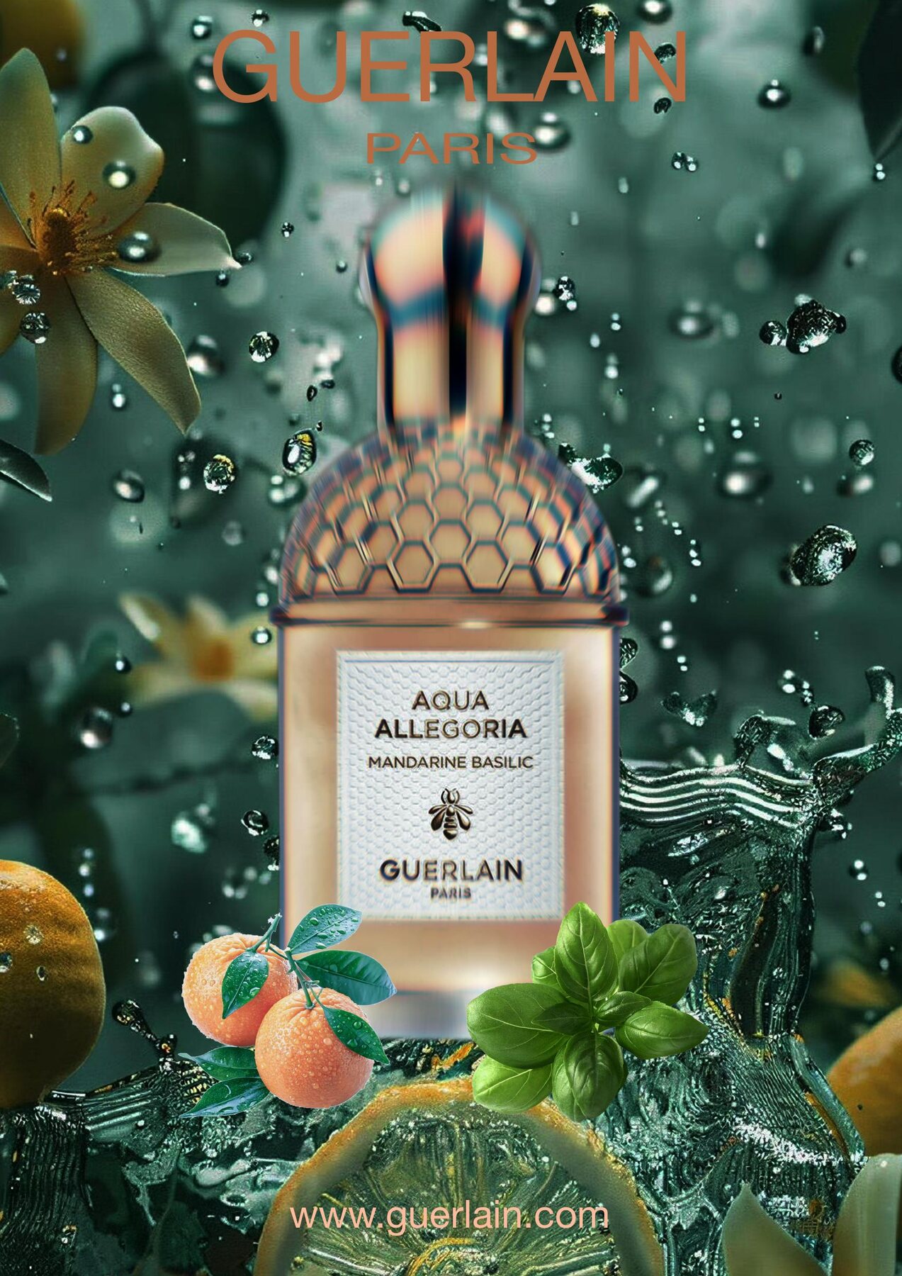 Studijní redesign produktového plakátu Aqua Allegoria — zelené tóny, voda a citrusy