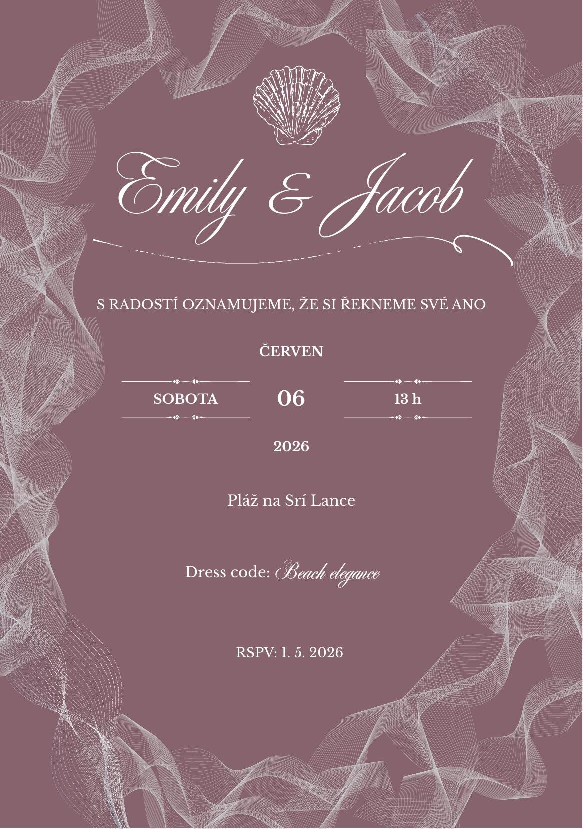 Grafický návrh svatební pozvánky Emily & Jacob v hnědo-krémovém ladění